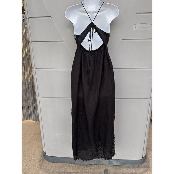 Boemo Sz S Levi’s Black Embroidered Open Back Gauze Cotton Maxi Dress Boho Beach - Picture 4 of 13